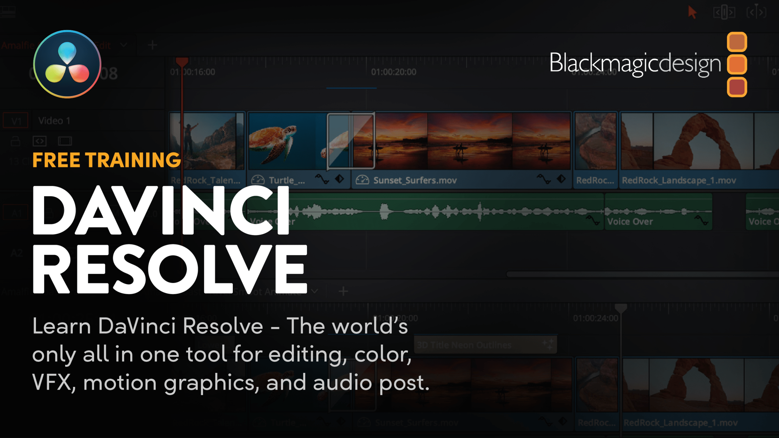 Curso gratuito oficial de DaVinci Resolve por Blackmagic Design con formación online en edición de vídeo, corrección de color, VFX, motion graphics y postproducción de audio.