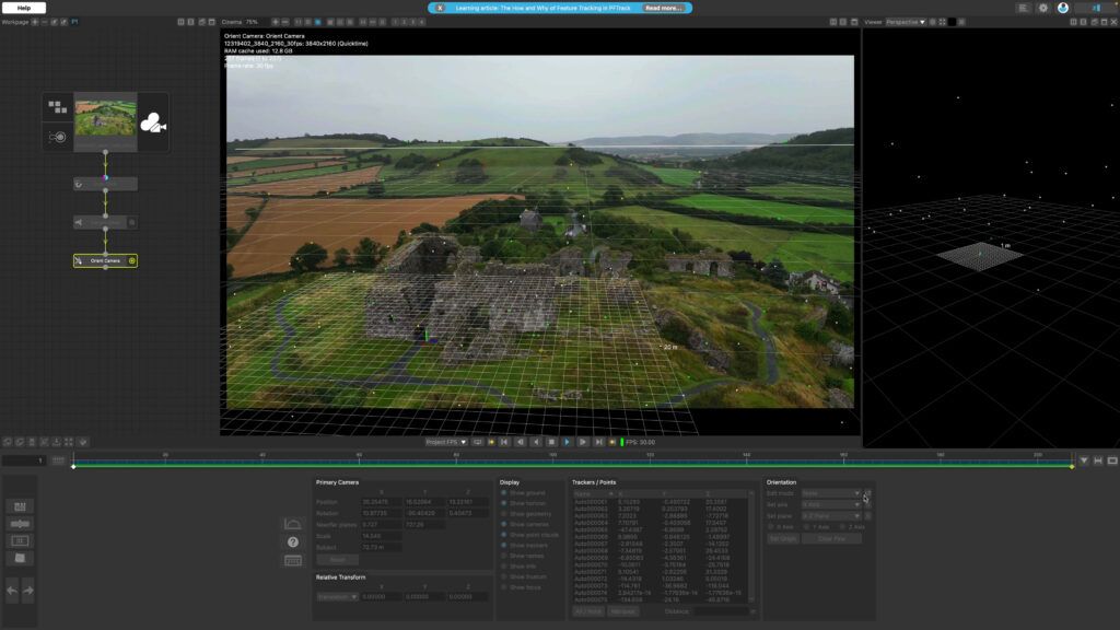 Interfaz de PFTrack 26.05.14 con reconstrucción 3D y tracking de cámara sobre plano aéreo de dron