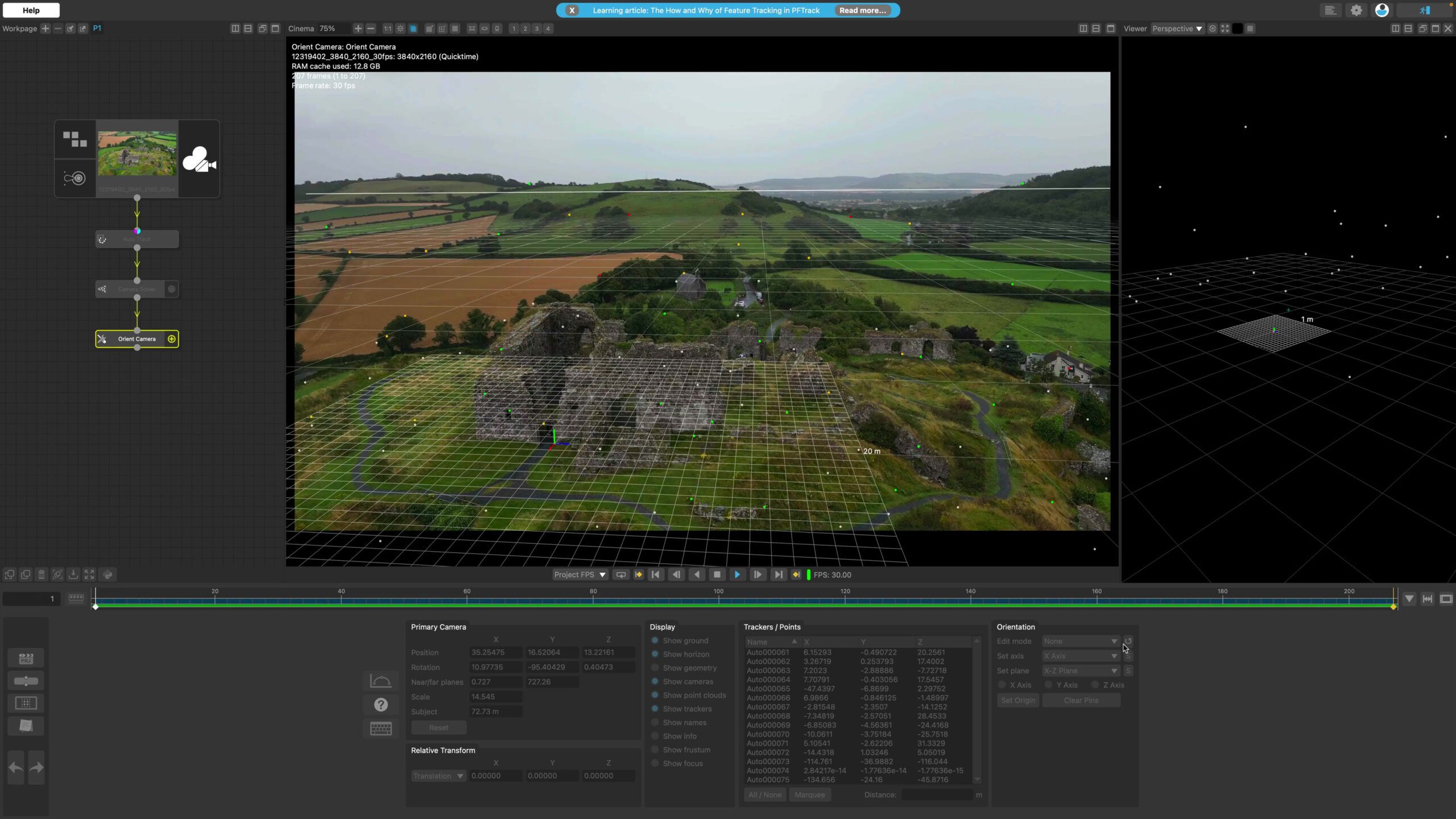 Interfaz de PFTrack 26.05.14 con reconstrucción 3D y tracking de cámara sobre plano aéreo de dron