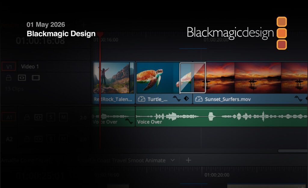 Interfaz de edición de DaVinci Resolve 21 con timeline y clips de vídeo