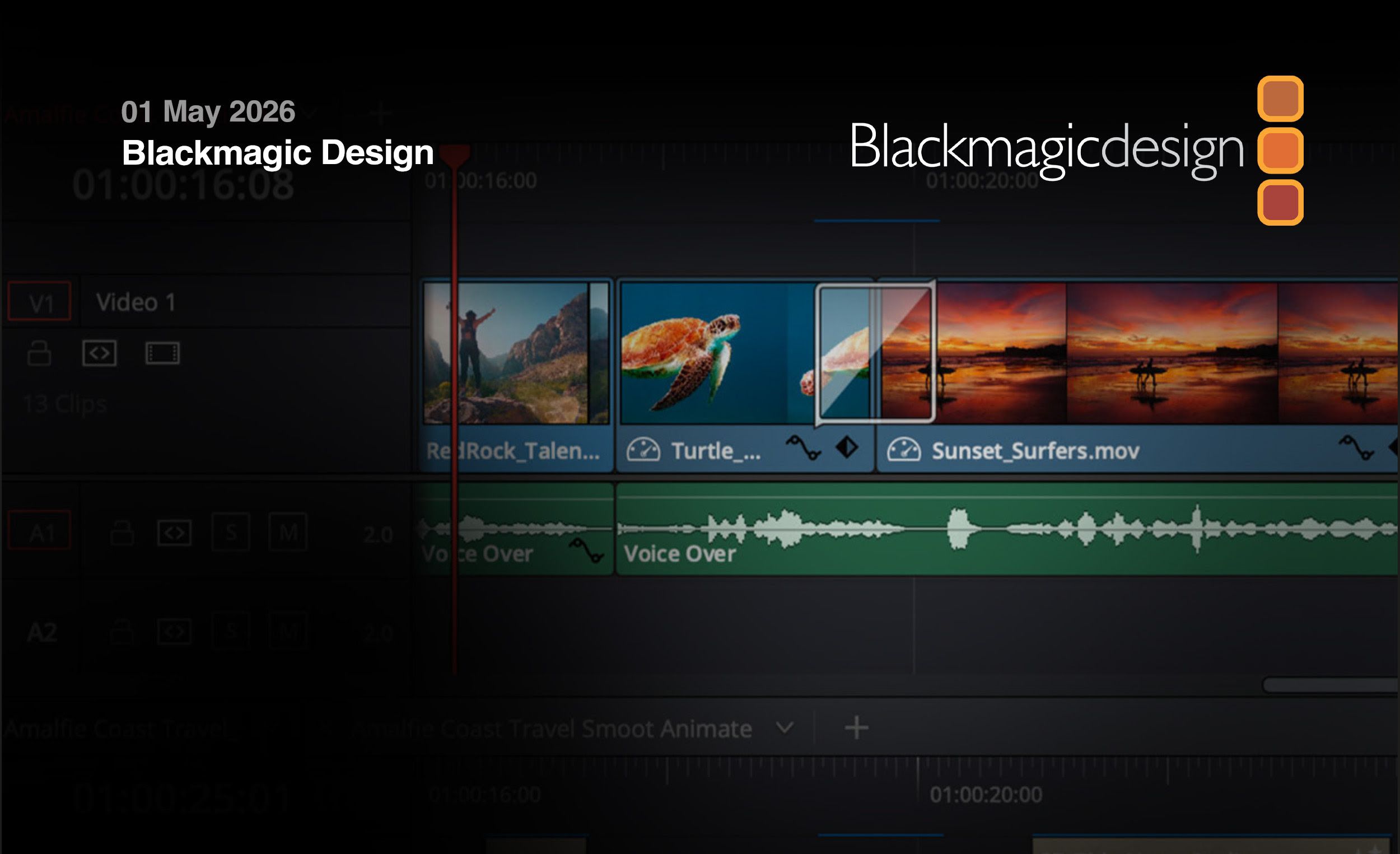 Interfaz de edición de DaVinci Resolve 21 con timeline y clips de vídeo